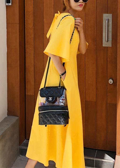 100% yellow cotton linen Long Shirts flare sleeve Bow loose summer Dress - SooLinen