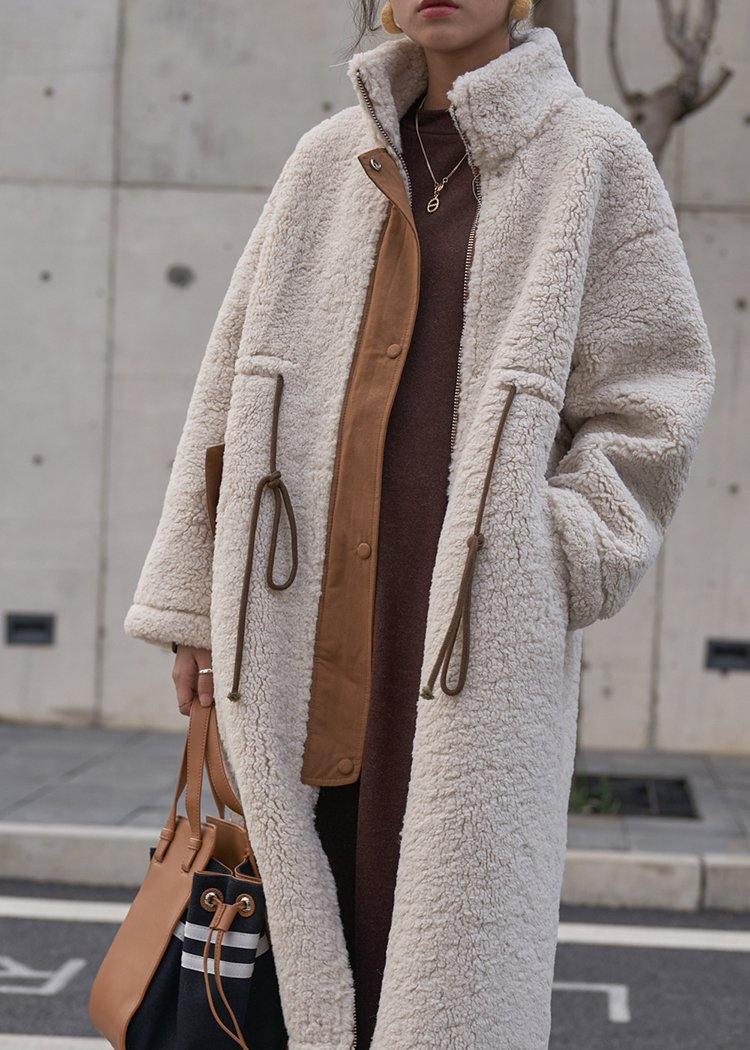 2021 nude Woolen Coats plus size winter coat high neck drawstring jackets - SooLinen