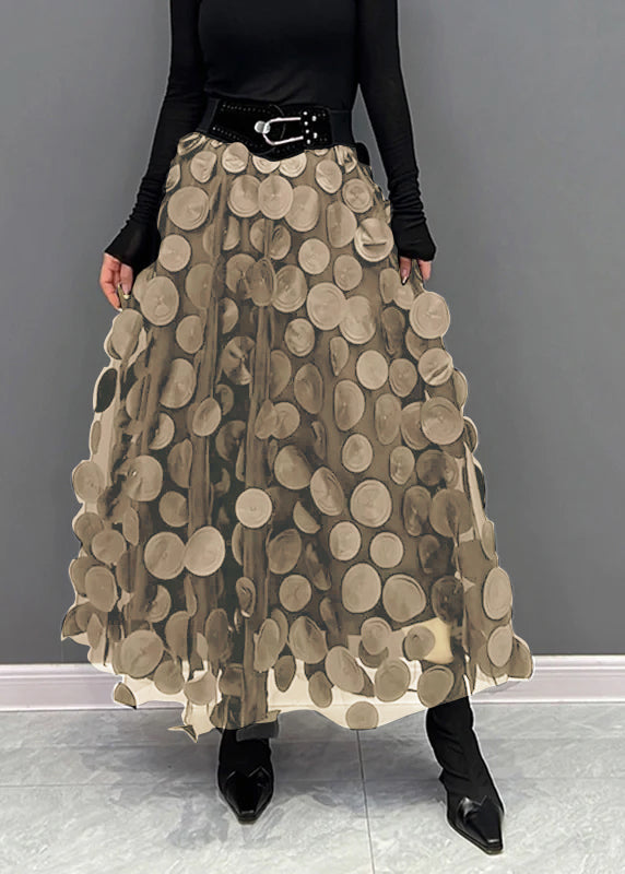 Elegant Khaki Dot Patchwork Tulle Skirt Fall