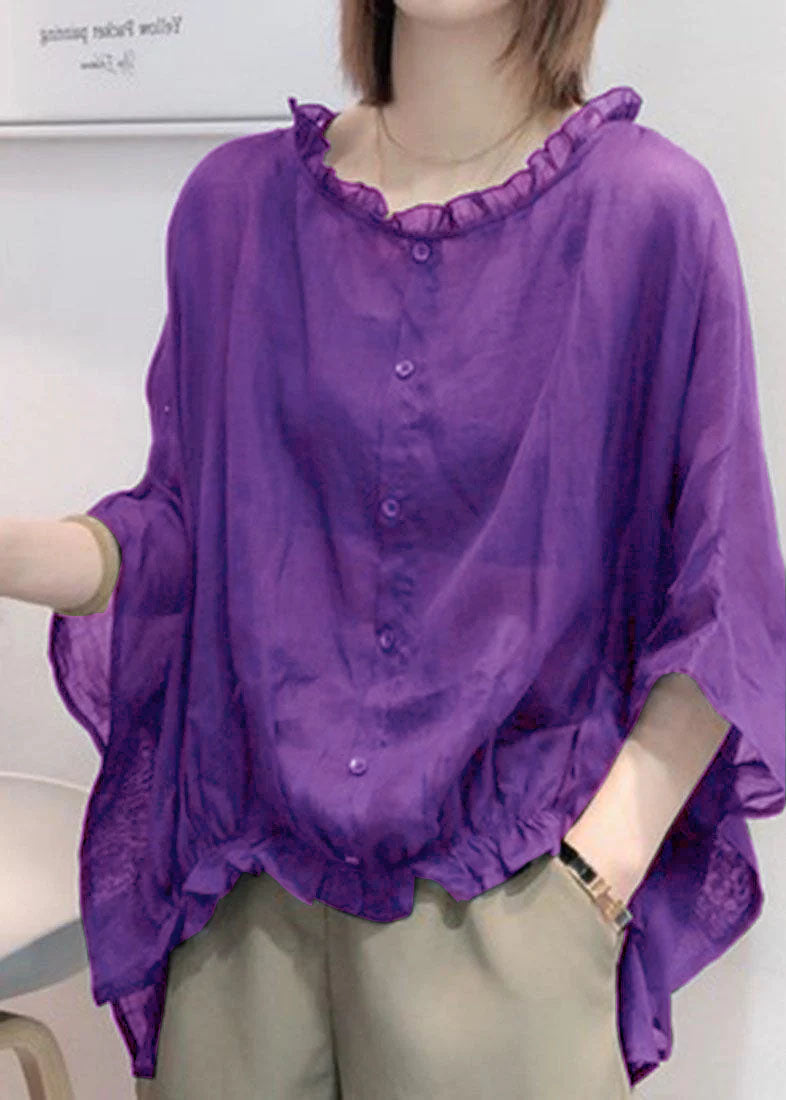 Summer Red Tops Ruffles Trim Half Sleeve Shirts Blouse Plus Size