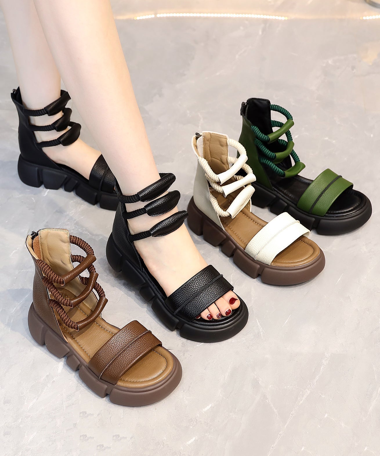 2025 Brown Open Toe Platform Sole Casual Roman Cool Boots