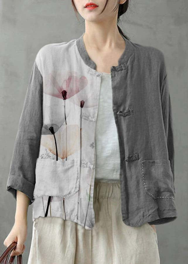 Boutique Green Stand Collar Embroideried Patchwork Linen Coat