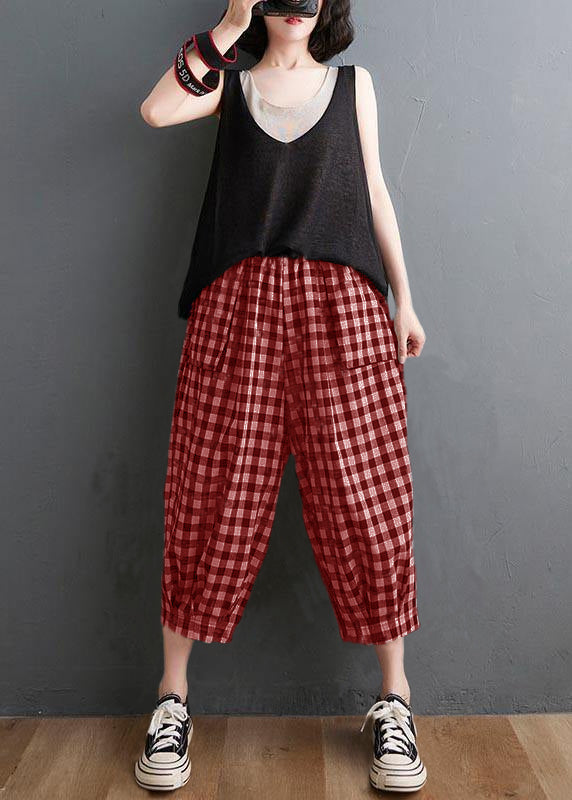 Plus Size Plaid Elastic Waist Casual Harem Pants Summer Cotton Linen