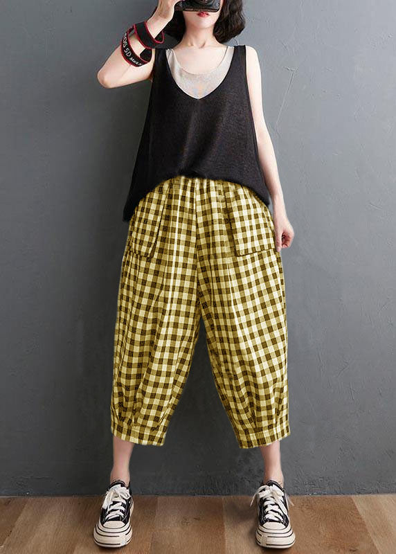 Plus Size Plaid Elastic Waist Casual Harem Pants Summer Cotton Linen