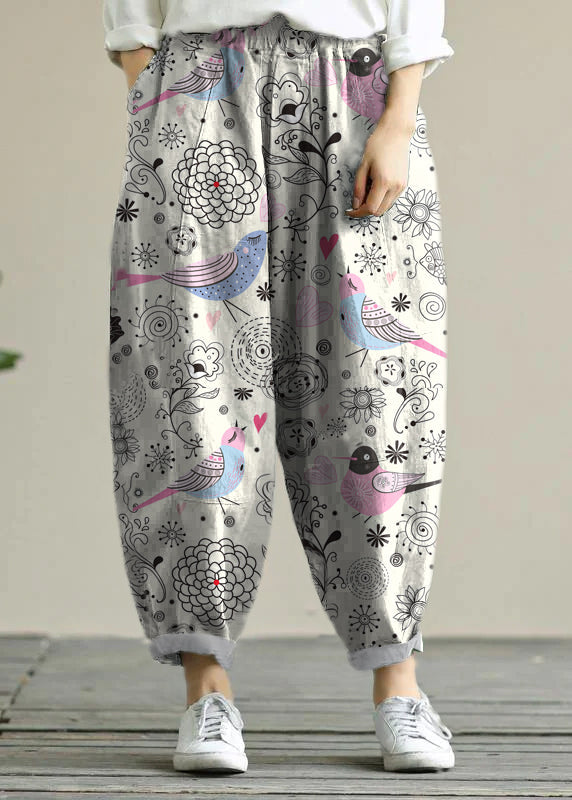 Literary loose green color wild large size elastic waist nine-point harem pants