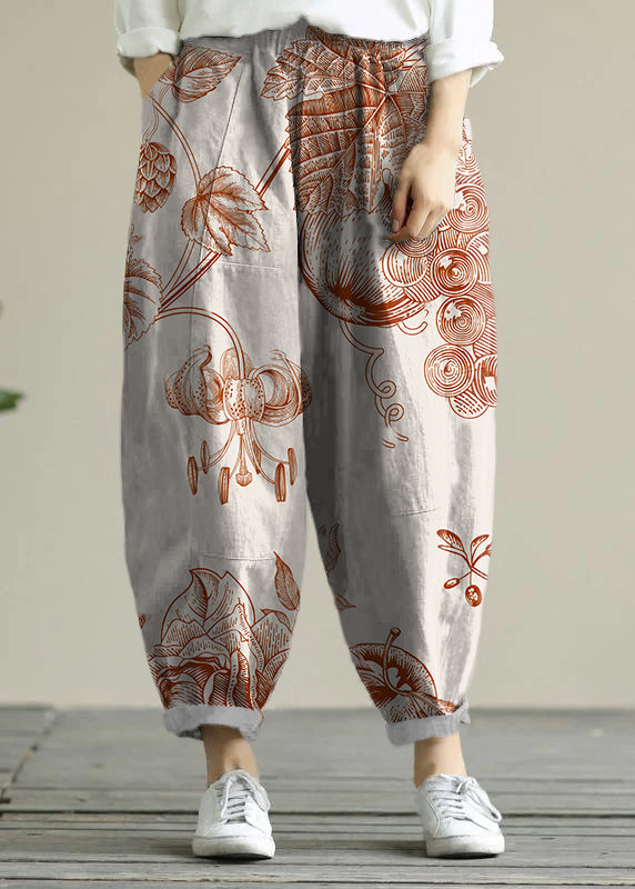 Literary loose green color wild large size elastic waist nine-point harem pants