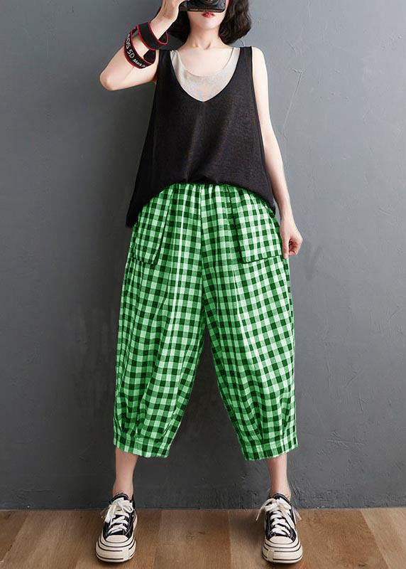 Plus Size Plaid Elastic Waist Casual Harem Pants Summer Cotton Linen