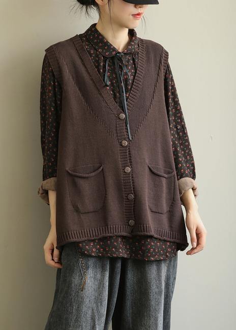 Aesthetic chocolate casual v neck sleeveless knit outwear - SooLinen