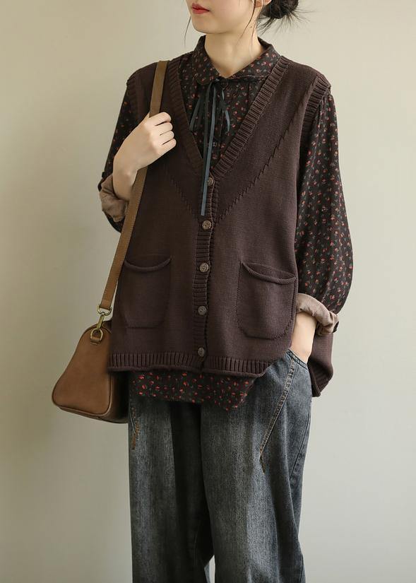 Aesthetic chocolate casual v neck sleeveless knit outwear - SooLinen