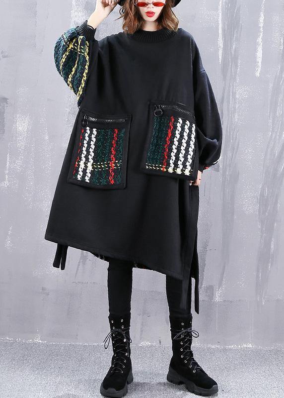 Beautiful Black Cotton Clothes Women Patchwork Oversized Side Open Dress - SooLinen