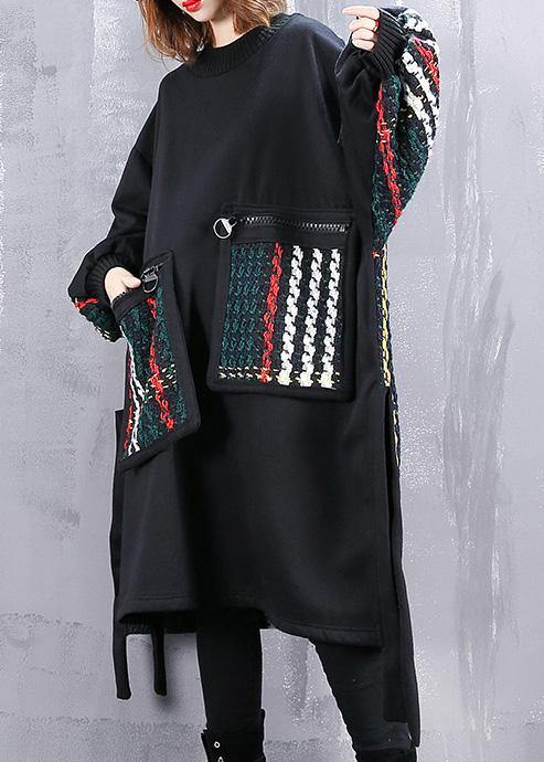 Beautiful Black Cotton Clothes Women Patchwork Oversized Side Open Dress - SooLinen