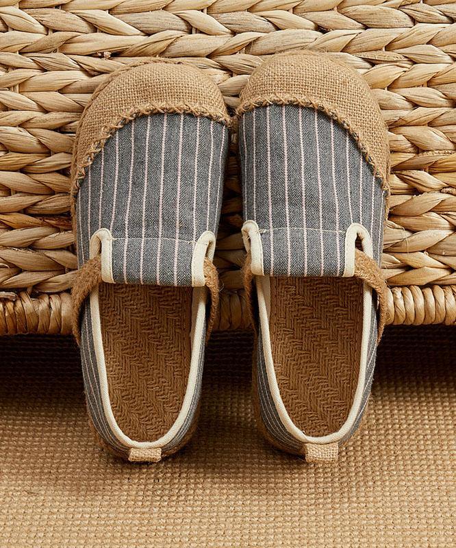 Beige Striped Cotton Linen Flat Flat Shoes For Women - SooLinen