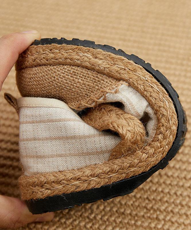 Beige Striped Cotton Linen Flat Flat Shoes For Women - SooLinen