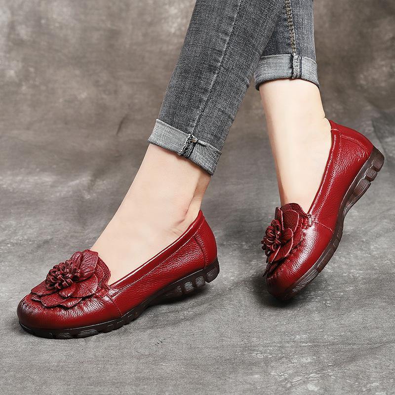 Black Bow Flat Shoes Genuine Leather Handmade Flat Shoes - SooLinen
