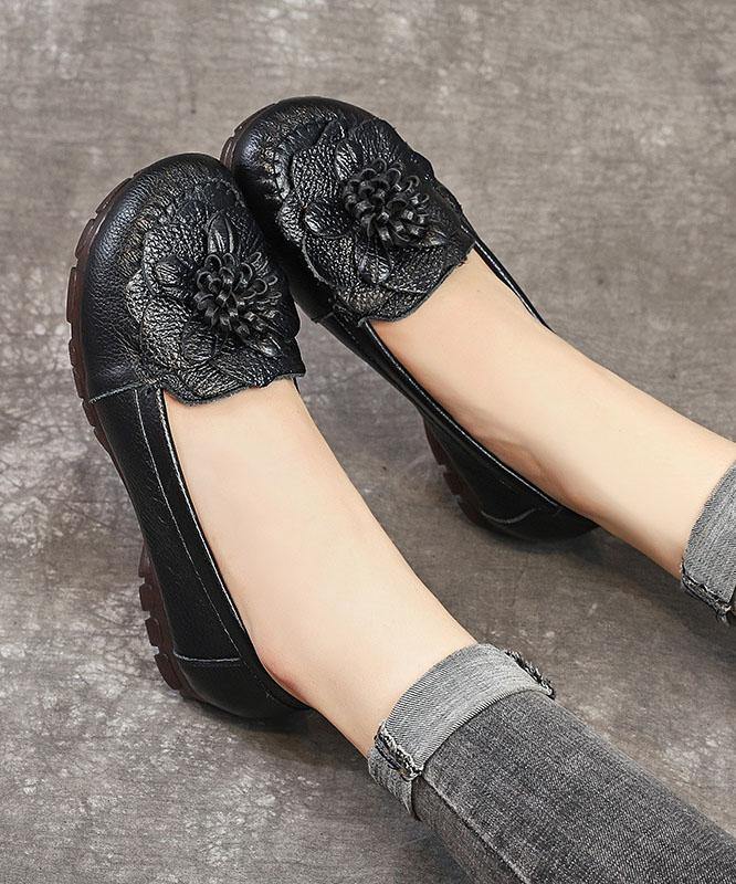 Black Bow Flat Shoes Genuine Leather Handmade Flat Shoes - SooLinen