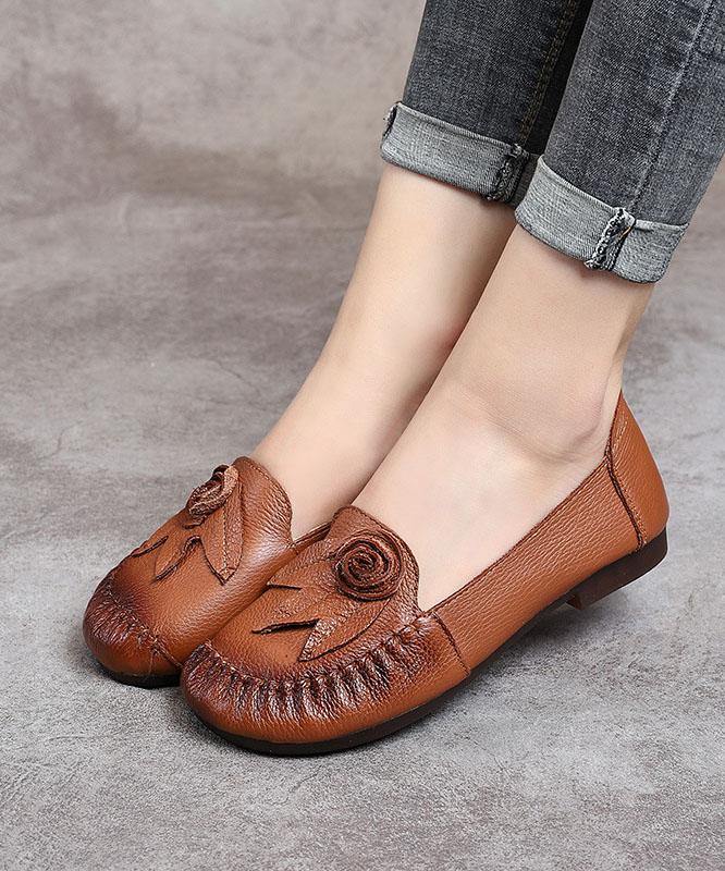 Black Floral Cowhide Leather Loafer Shoes Loafer Shoes - SooLinen