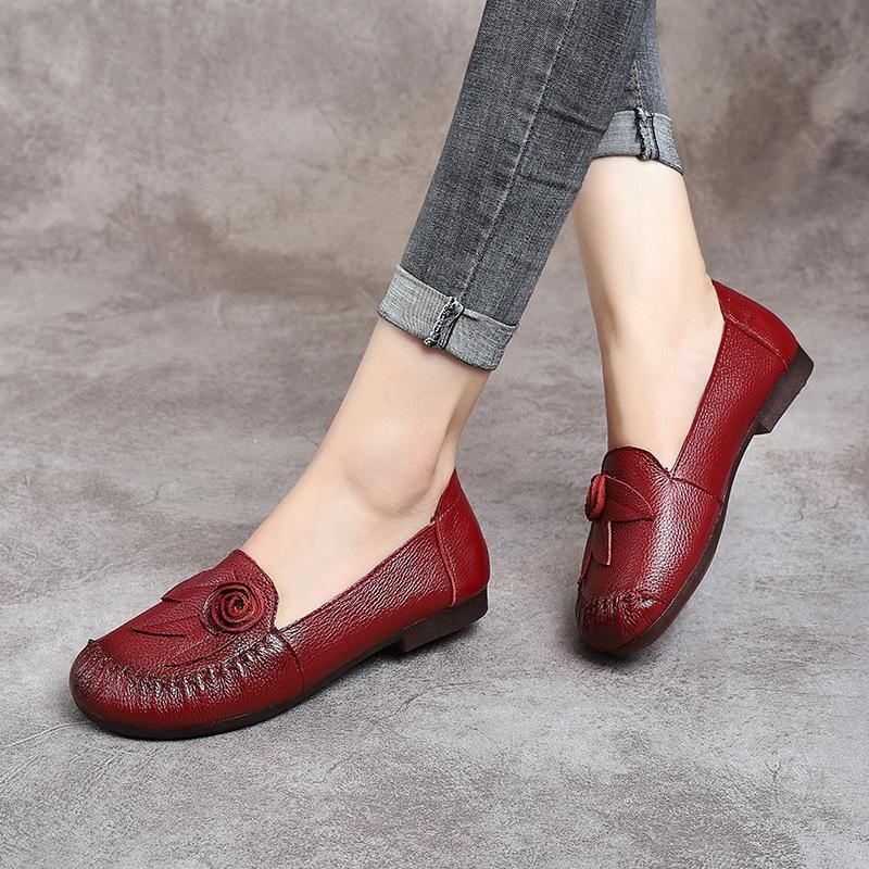Black Floral Cowhide Leather Loafer Shoes Loafer Shoes - SooLinen