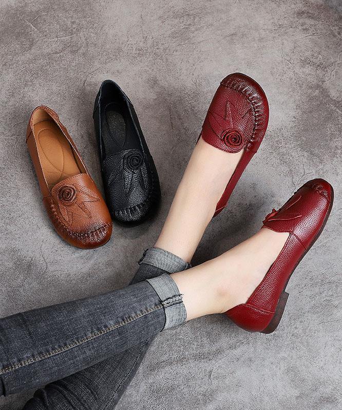 Black Floral Cowhide Leather Loafer Shoes Loafer Shoes - SooLinen