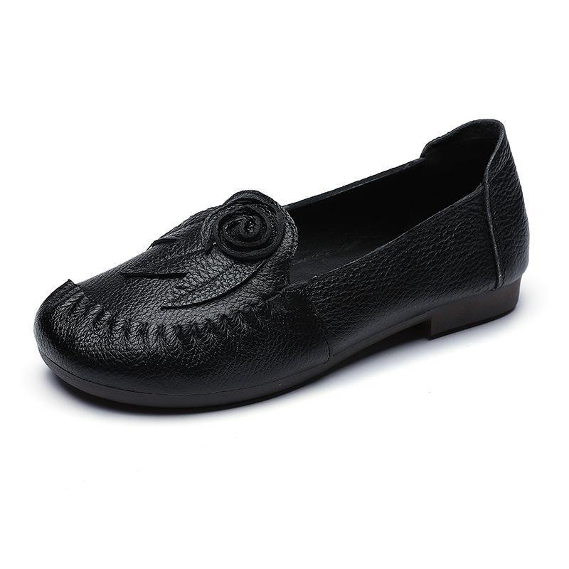 Black Floral Cowhide Leather Loafer Shoes Loafer Shoes - SooLinen