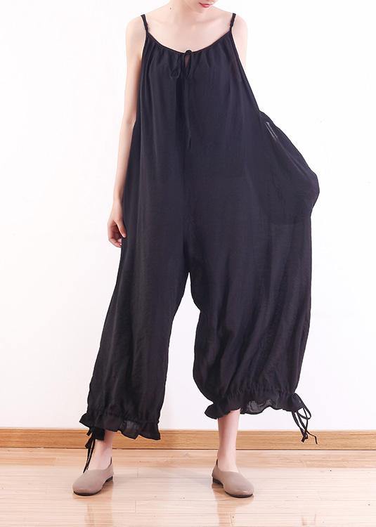 Black loose drawstring suspender wide leg jumpsuit - SooLinen