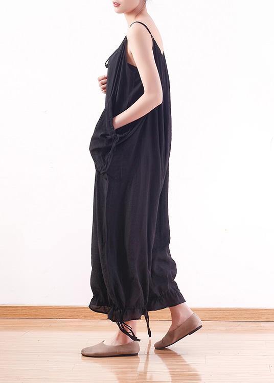 Black loose drawstring suspender wide leg jumpsuit - SooLinen