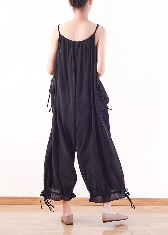 Black loose drawstring suspender wide leg jumpsuit - SooLinen