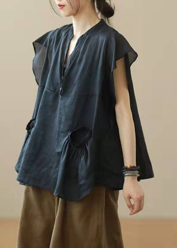 Chic Black V Neck Patchwork Fall Shirt Top Short Sleeve