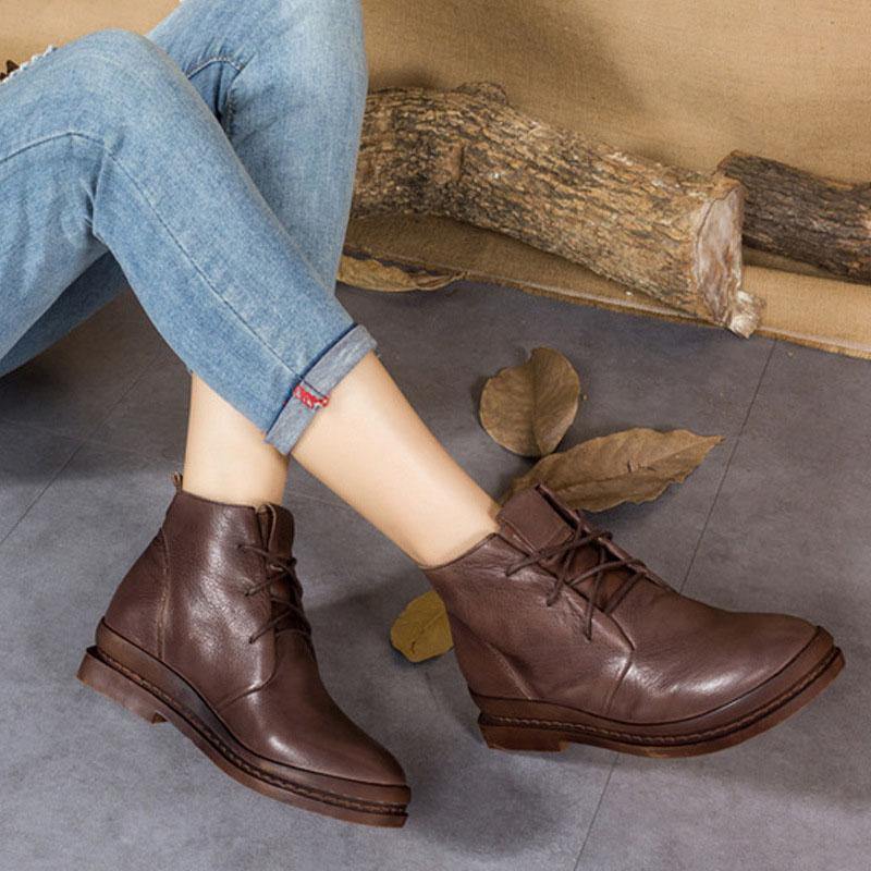 Chocolate Cowhide Leather Cross Strap Martins Boots - SooLinen