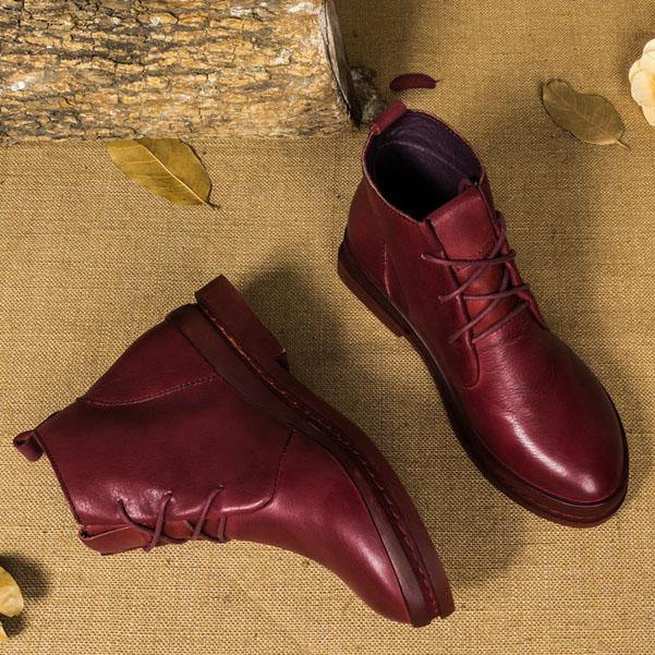Chocolate Cowhide Leather Cross Strap Martins Boots - SooLinen