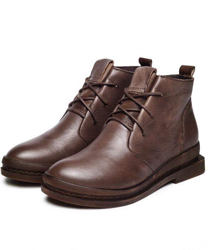 Chocolate Cowhide Leather Cross Strap Martins Boots - SooLinen