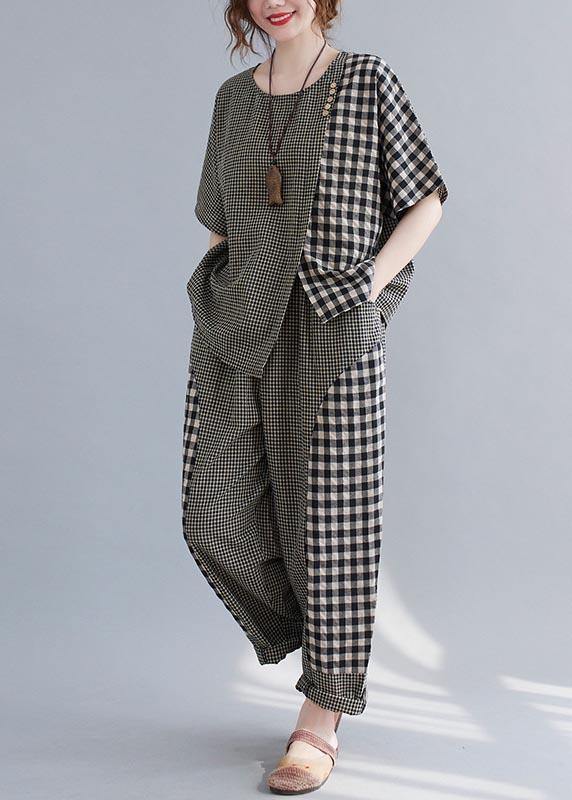 Elegant Small grid Patchwork asymmetrical design Two Piece Set Women Clothing - SooLinen