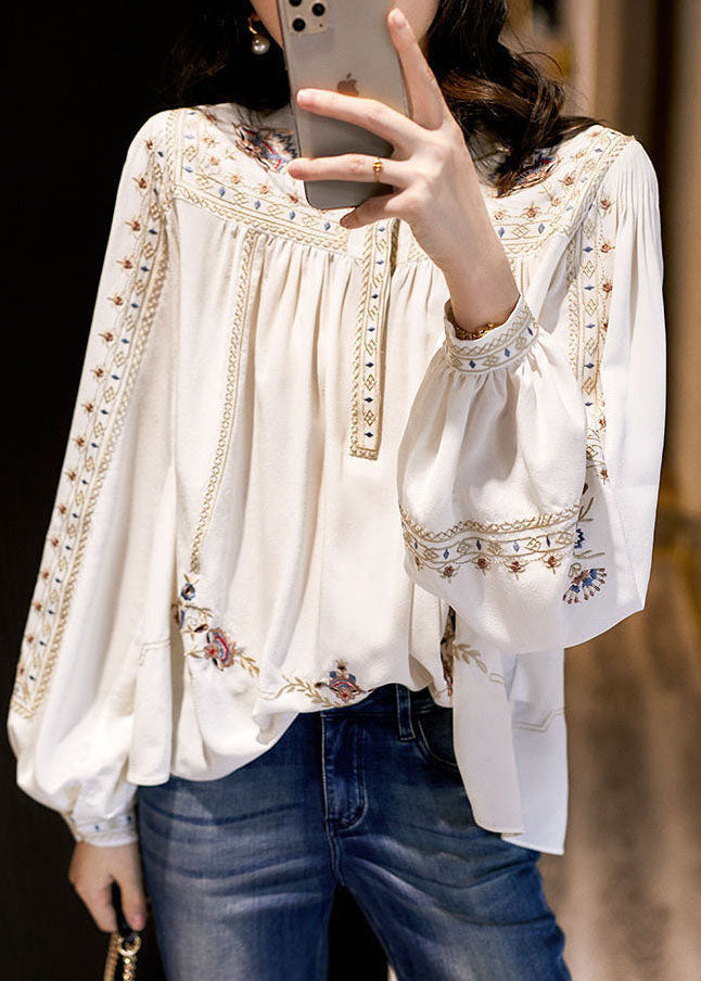 Elegant White 2025 Embroideried Chiffon Blouse Tops Long Sleeve