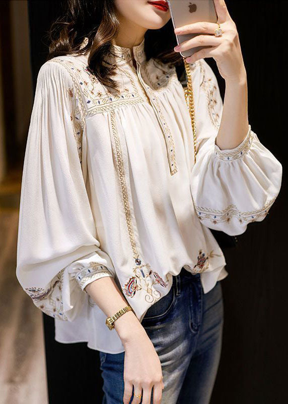 Elegant White 2025 Embroideried Chiffon Blouse Tops Long Sleeve