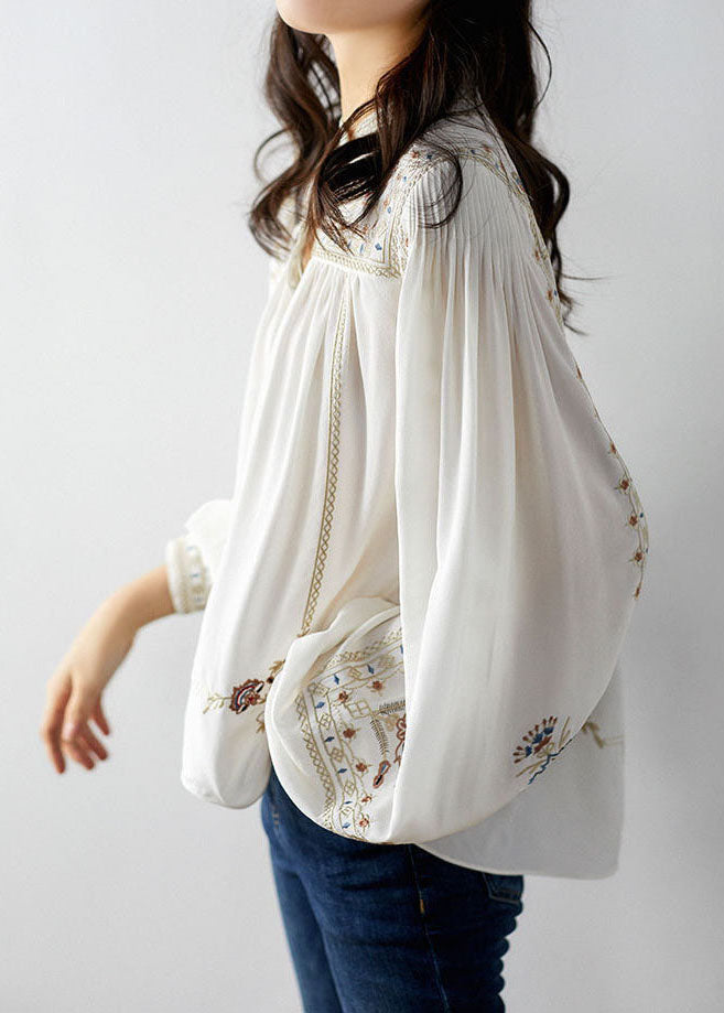 Elegant White 2025 Embroideried Chiffon Blouse Tops Long Sleeve