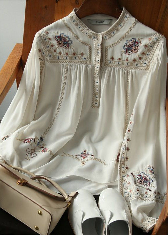 Elegant White 2025 Embroideried Chiffon Blouse Tops Long Sleeve