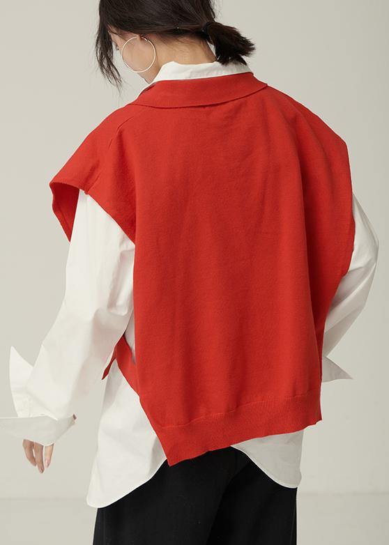 For Spring red sweaters trendy plus size lapel sleeveless knit tops - SooLinen