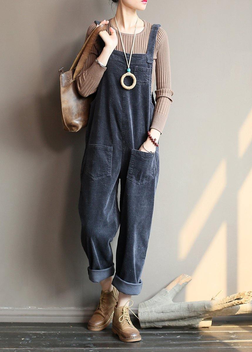 Loose and gray corduroy pants overalls college style forest jumpsuit - SooLinen