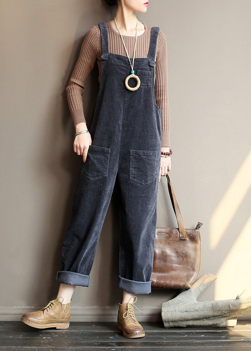 Loose and gray corduroy pants overalls college style forest jumpsuit - SooLinen