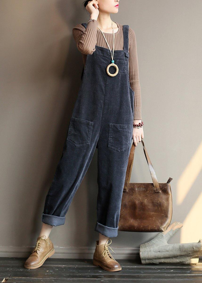 Loose and gray corduroy pants overalls college style forest jumpsuit - SooLinen