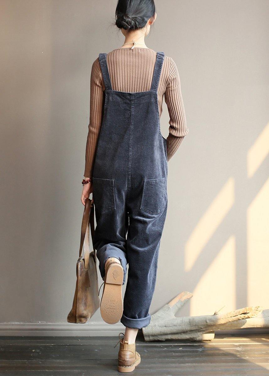 Loose and gray corduroy pants overalls college style forest jumpsuit - SooLinen