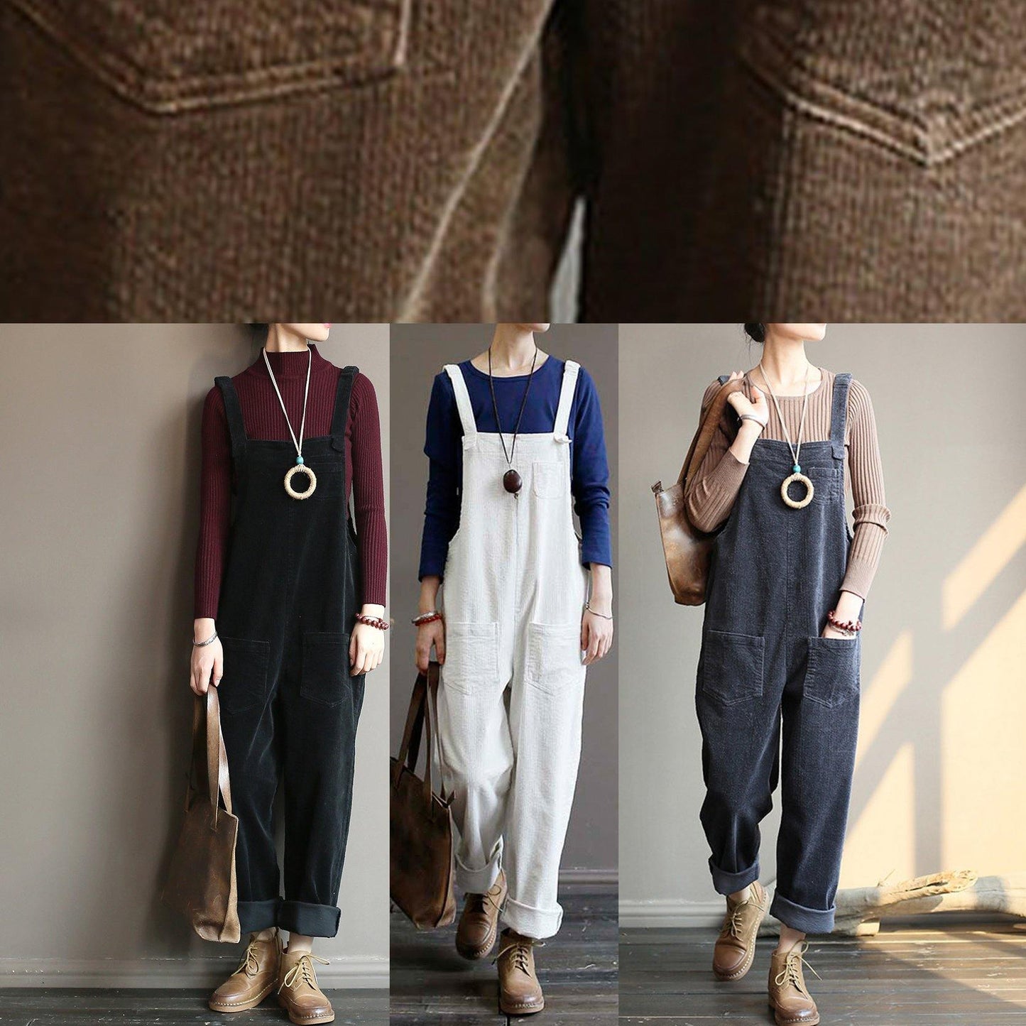 Loose and gray corduroy pants overalls college style forest jumpsuit - SooLinen