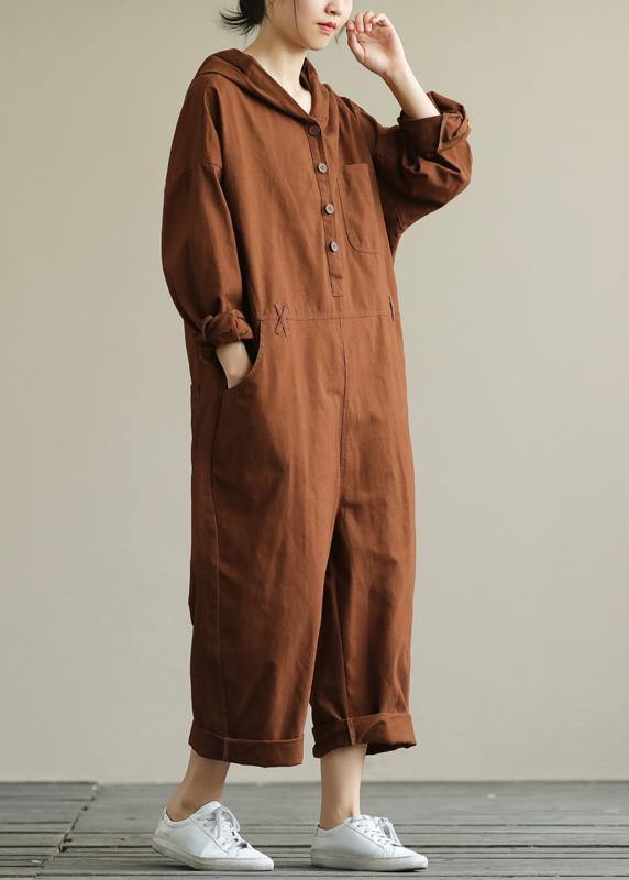 Loose hooded brown all-match long-sleeved ladies nine-point jumpsuit - SooLinen