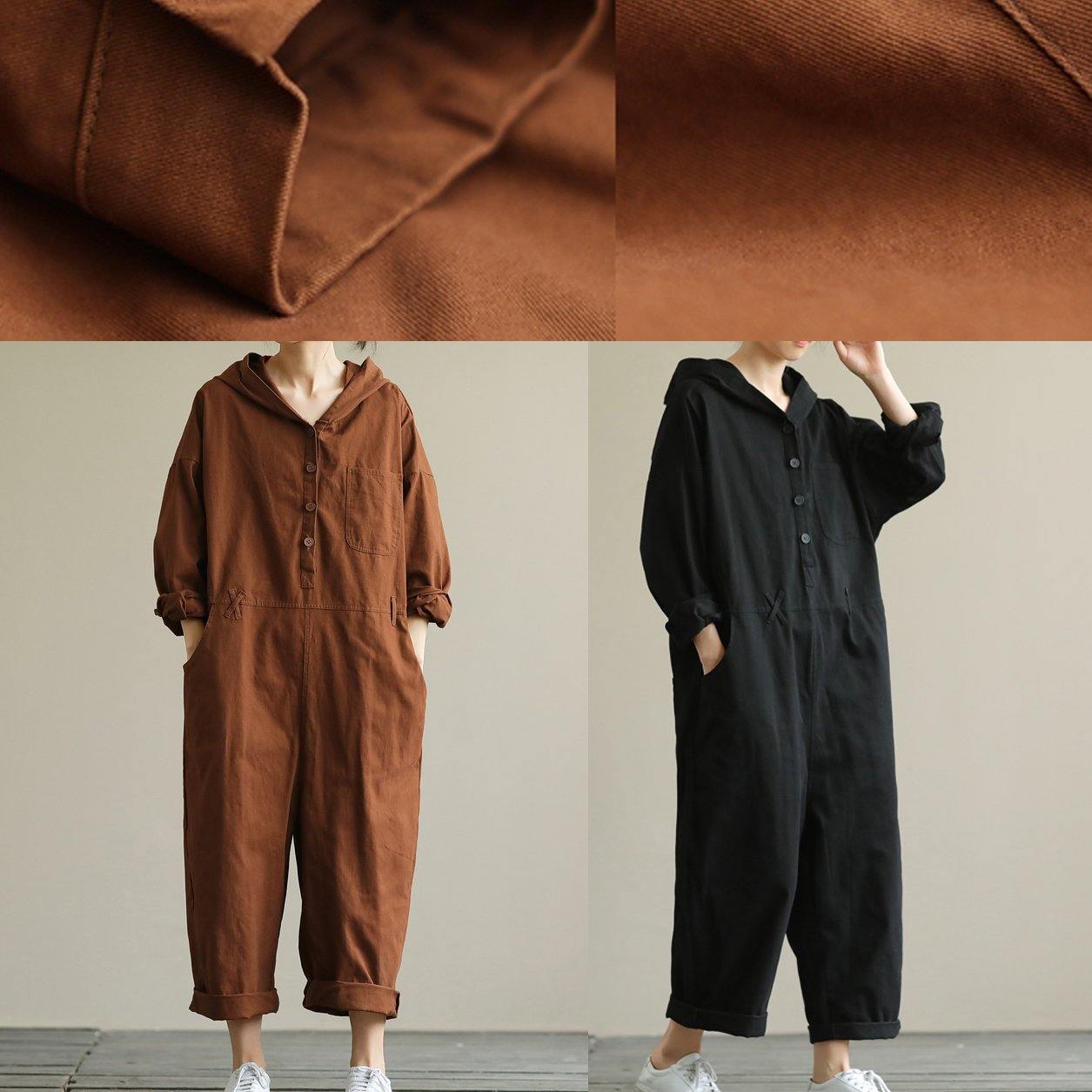 Loose hooded brown all-match long-sleeved ladies nine-point jumpsuit - SooLinen