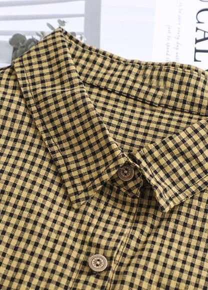 Loose lapel patchwork cotton Wardrobes Tunic Tops yellow plaid Dress - SooLinen