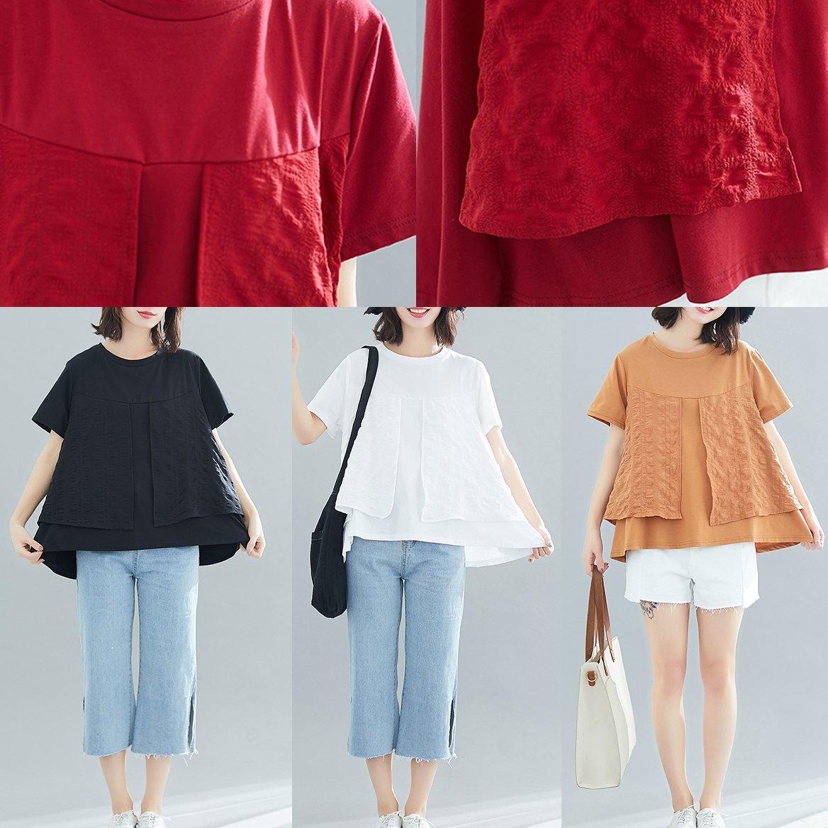 Modern o neck patchwork cotton clothes For Women Vintage design black loose blouses Summer - SooLinen
