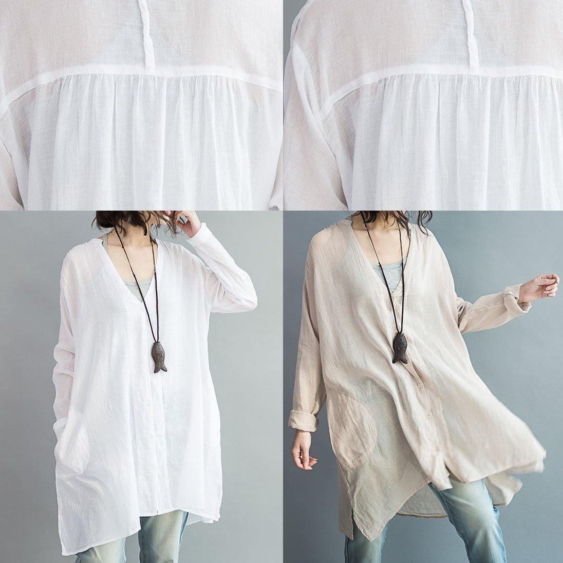 Modern white cotton clothes For Women v neck Art summer shirts - SooLinen