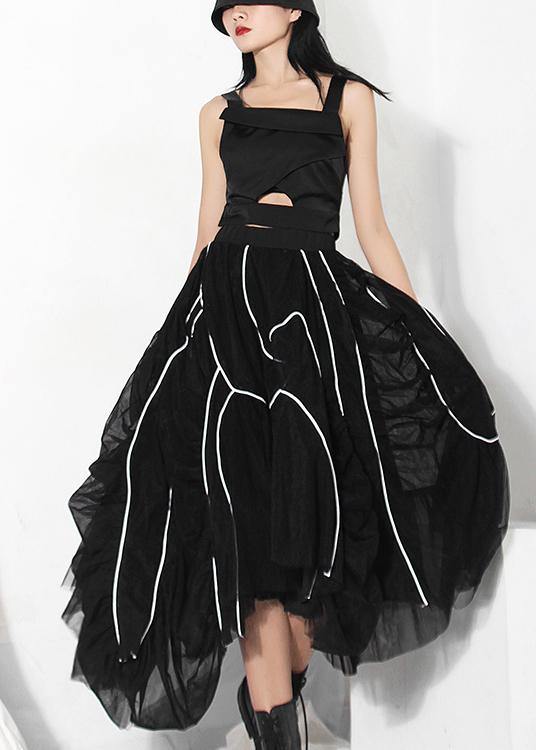 Natural Black Cinched Striped Skirts Summer - SooLinen