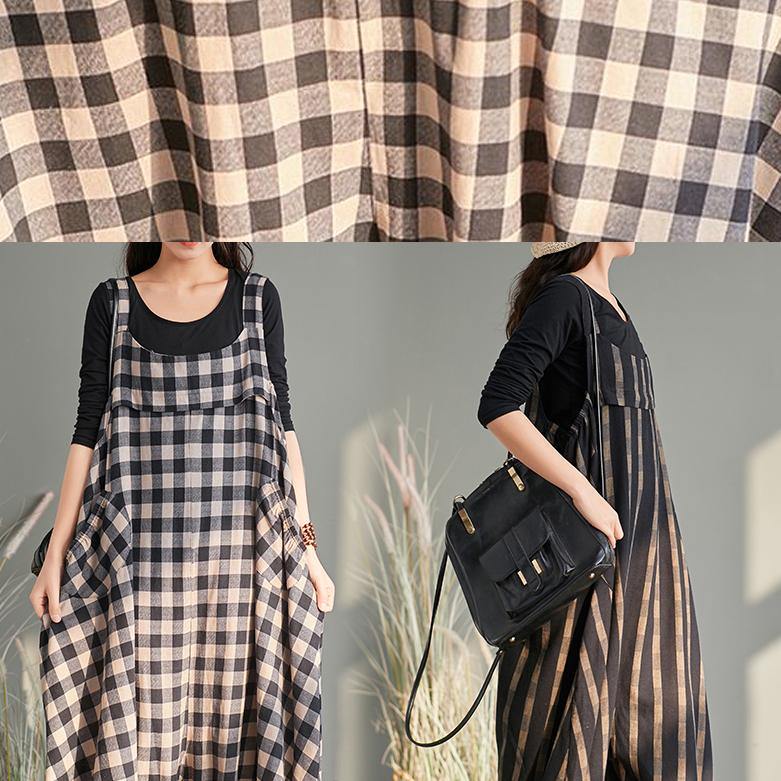 New cage pants casual plaid jumpsuit cotton and linen overalls women - SooLinen