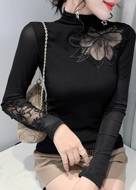 Plus Size Black Stand Collar tulle Patchwork tops Spring