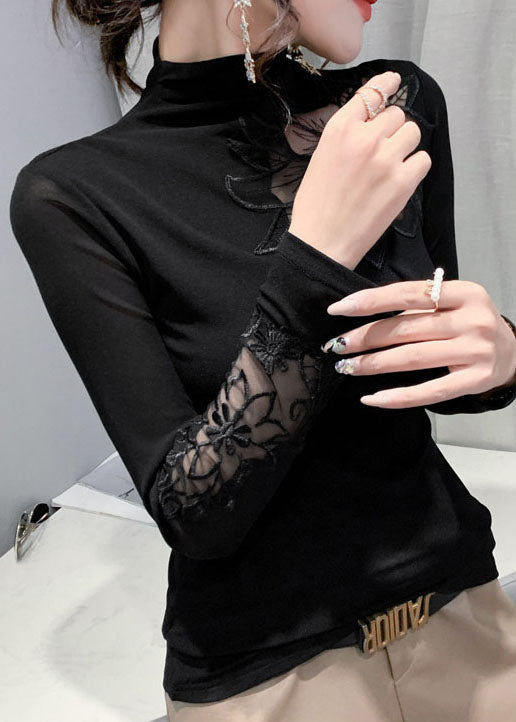 Plus Size Black Stand Collar tulle Patchwork tops Spring